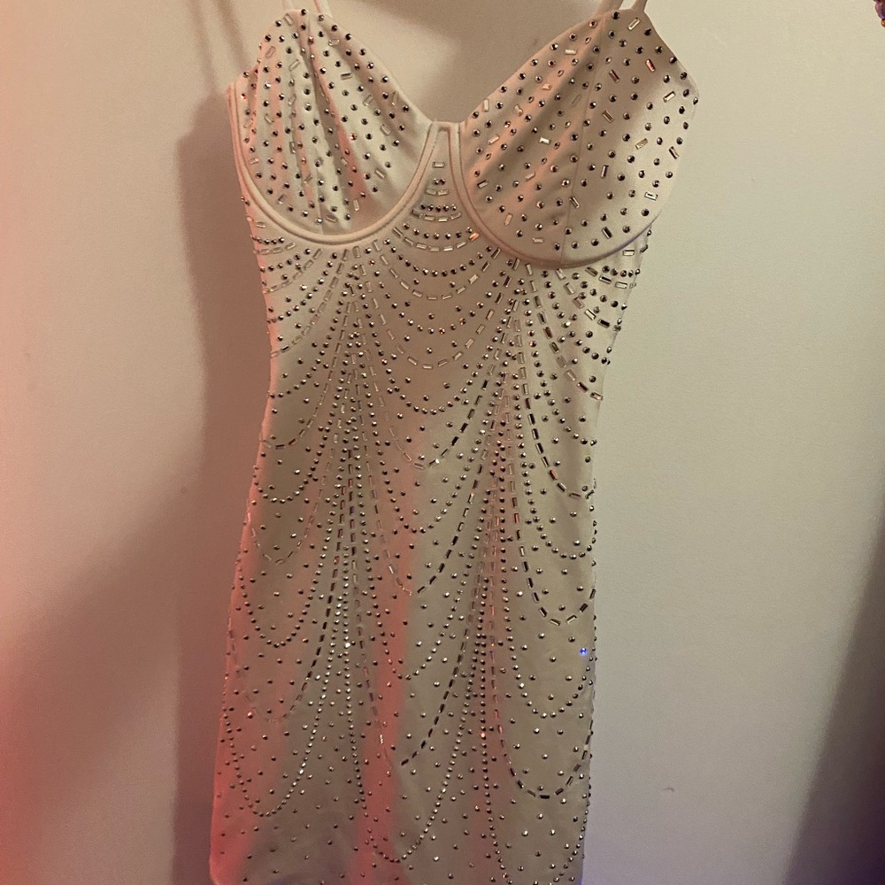 Short Embellished Cream Bodycon Dress